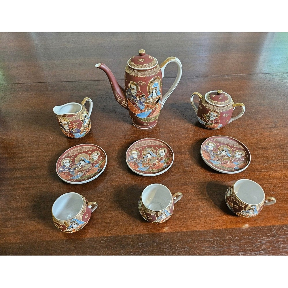 Hand Painted Tea Set Vintage Red Moriage Immortals Porcelain 9pc Set